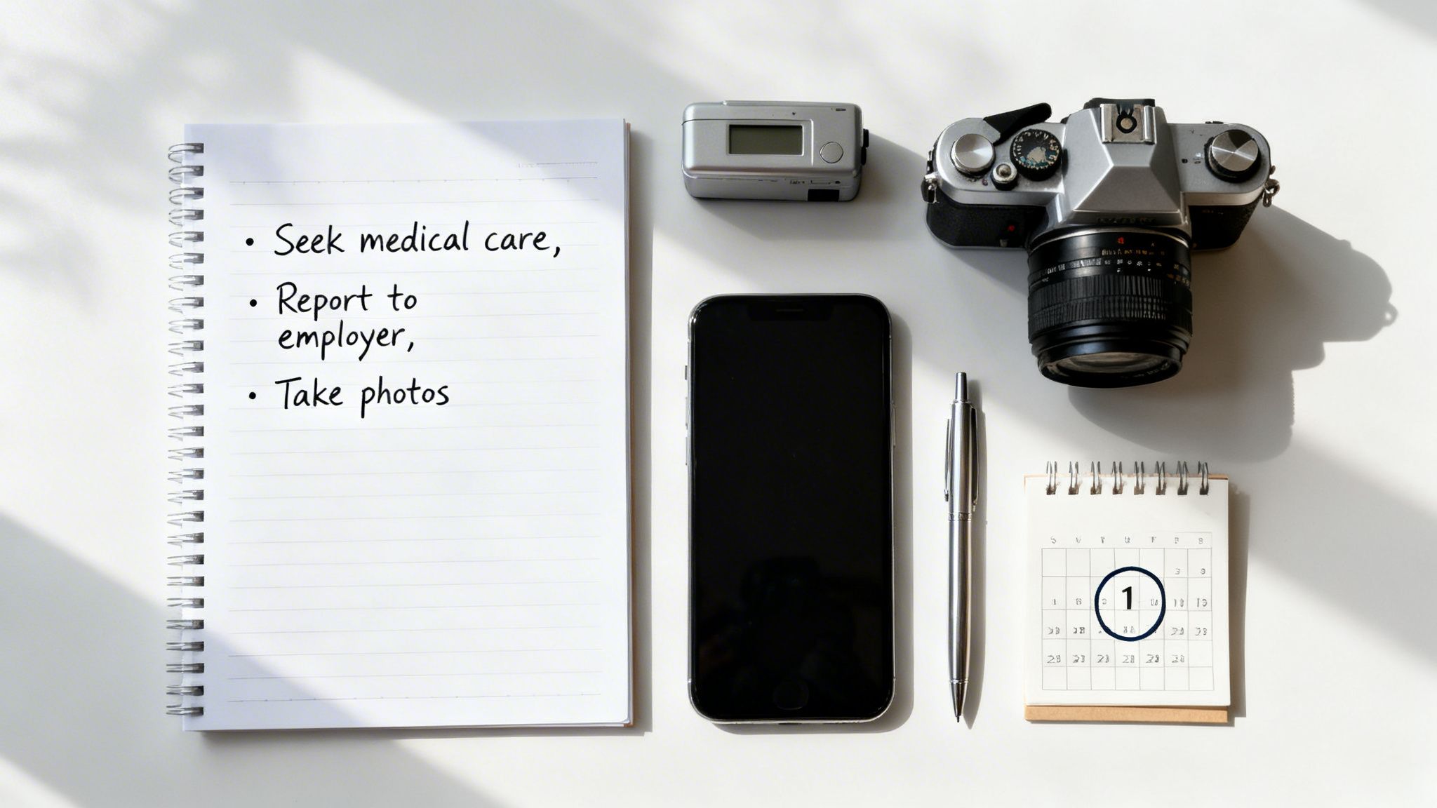 A flat lay displays a notebook with injury recovery steps, a camera, a phone, a pen, and a calendar.