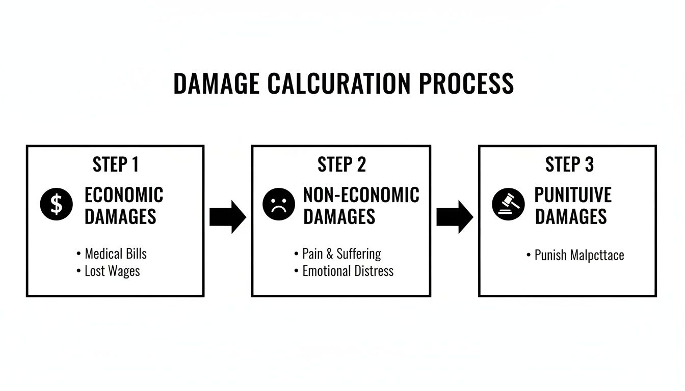 Flowchart detailing the three steps of damage calculation: economic, non-economic, and punitive damages.