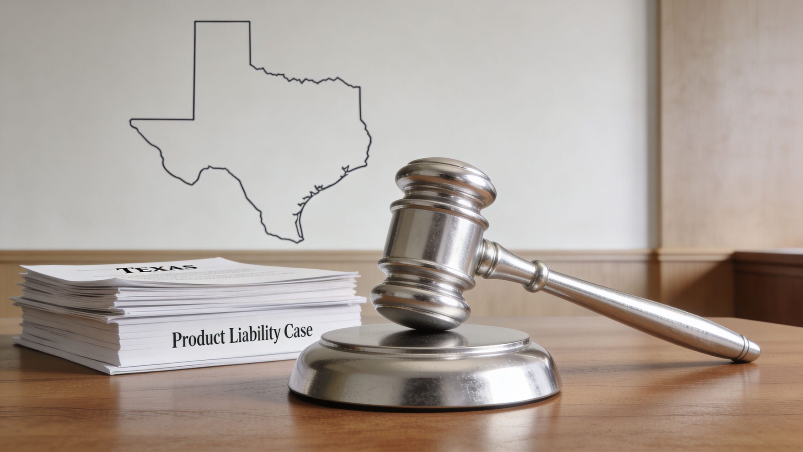 A gavel sits on a wooden desk next to a stack of papers labeled Texas Product Liability Case.