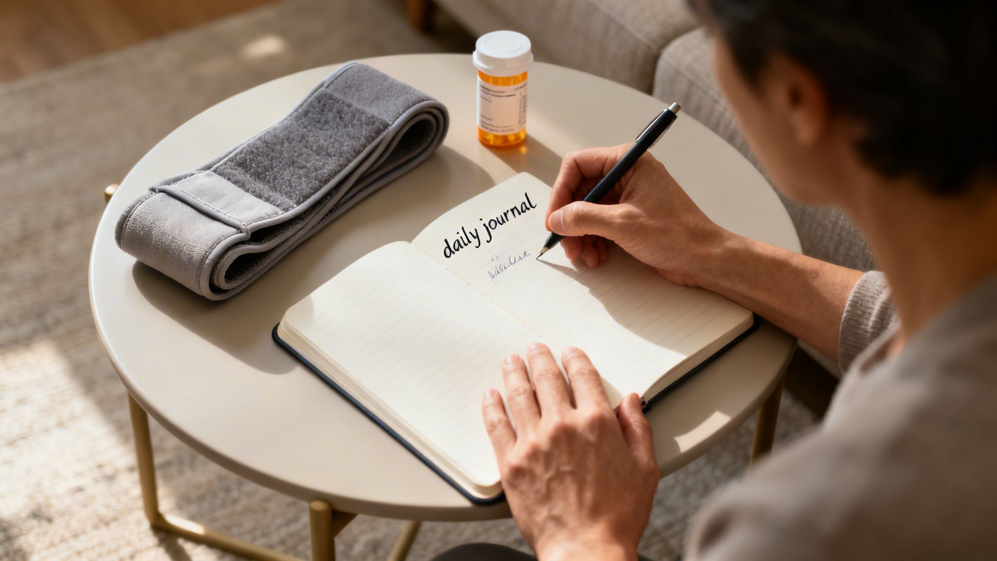 Person writing in a daily journal next to a blood pressure cuff and pill bottle on a table.