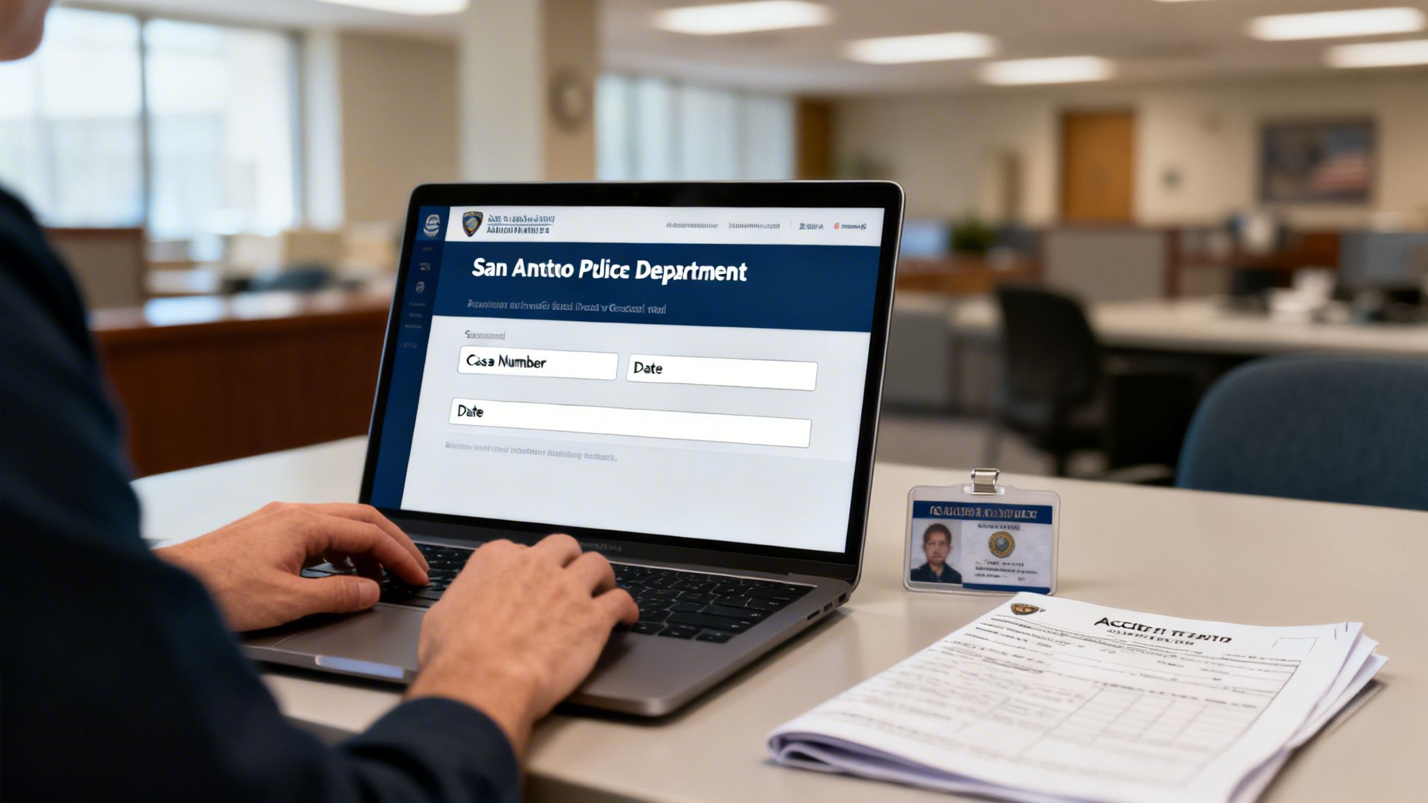 Person using a laptop displaying a police department accident report form, with an ID badge and documents nearby.