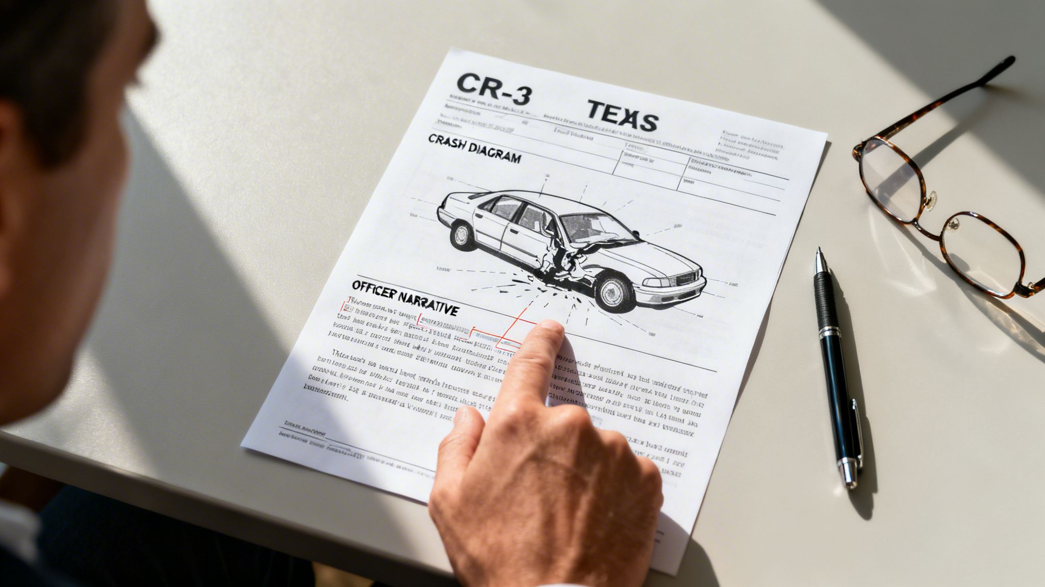 A person's hand points to an accident report document showing a crash diagram, with glasses and a pen nearby.
