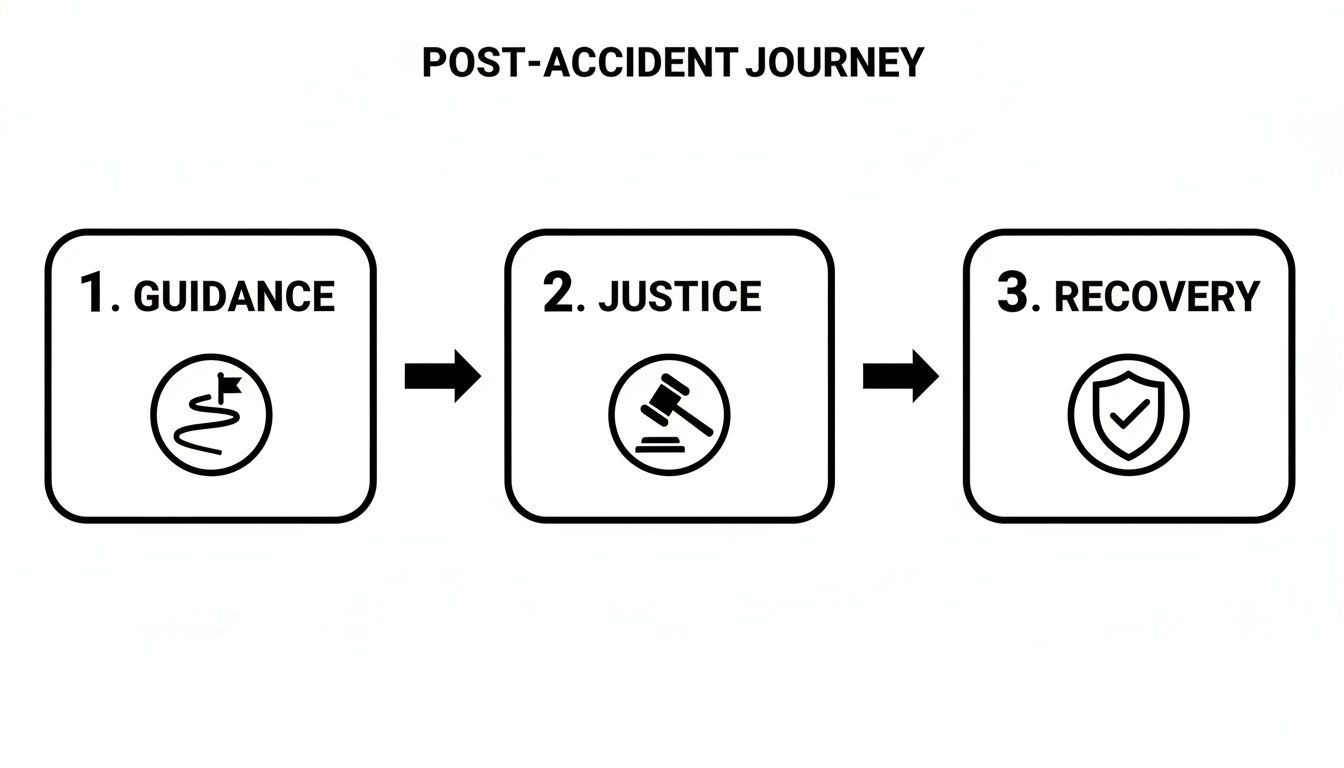 Flowchart illustrating the three steps of a post-accident journey: Guidance, Justice, and Recovery.