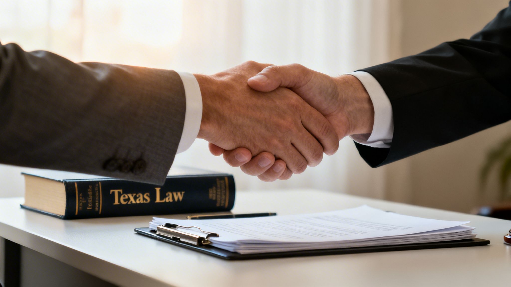 Two business professionals in suits shake hands over a desk with a Texas Law book and legal documents.
