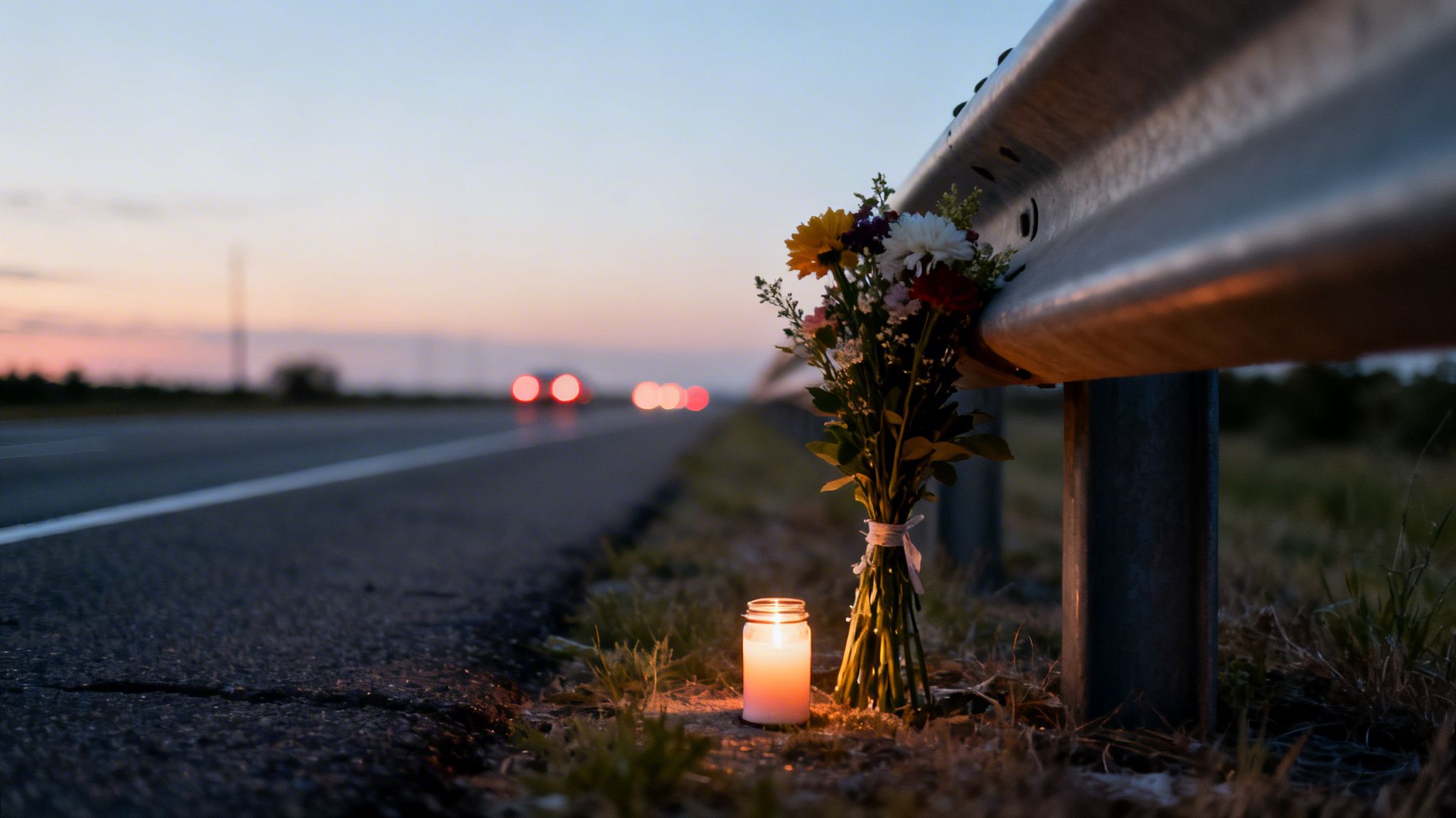 A solemn roadside memorial at dusk, featuring a bouquet of flowers and a lit candle.