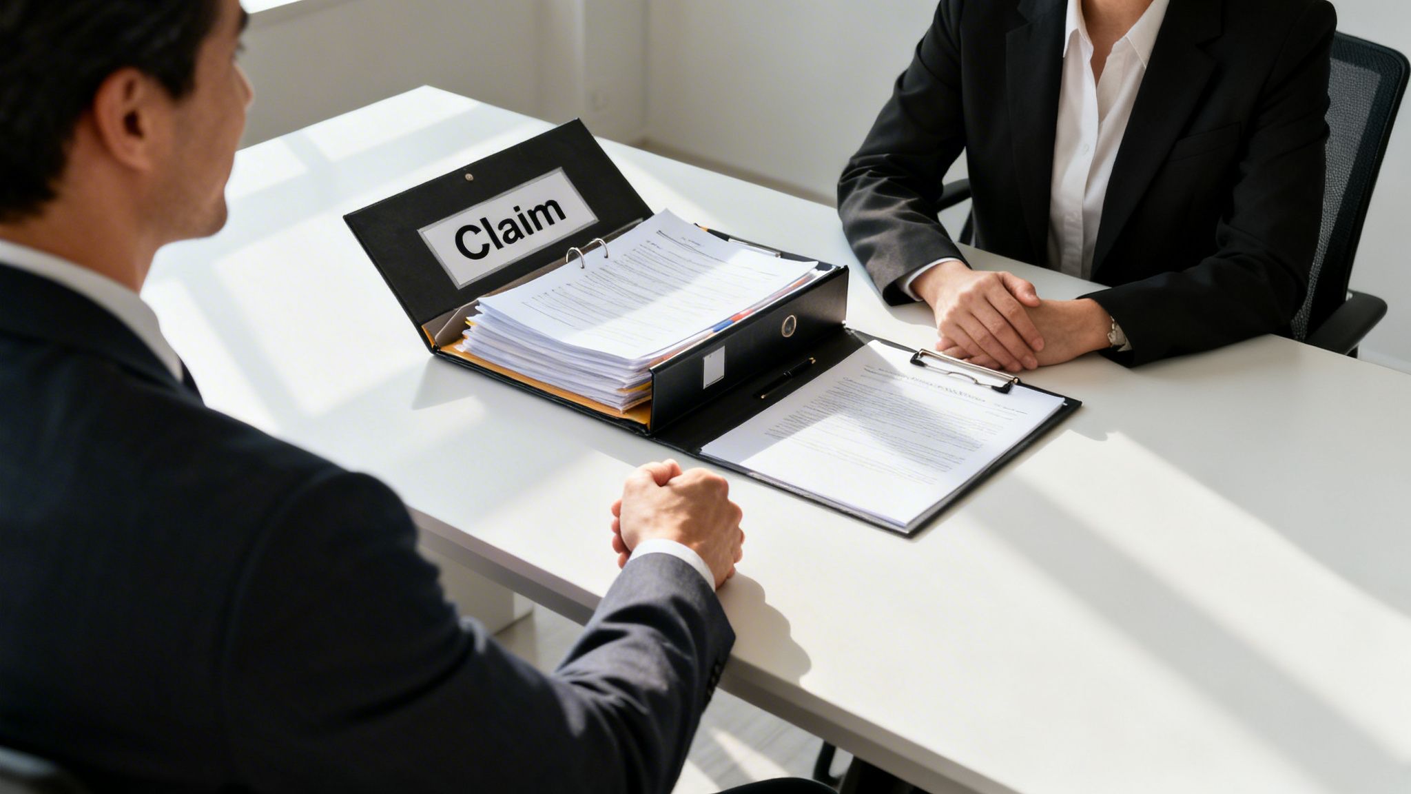 Two business people in suits discussing a claim file with documents and a clipboard on a desk.