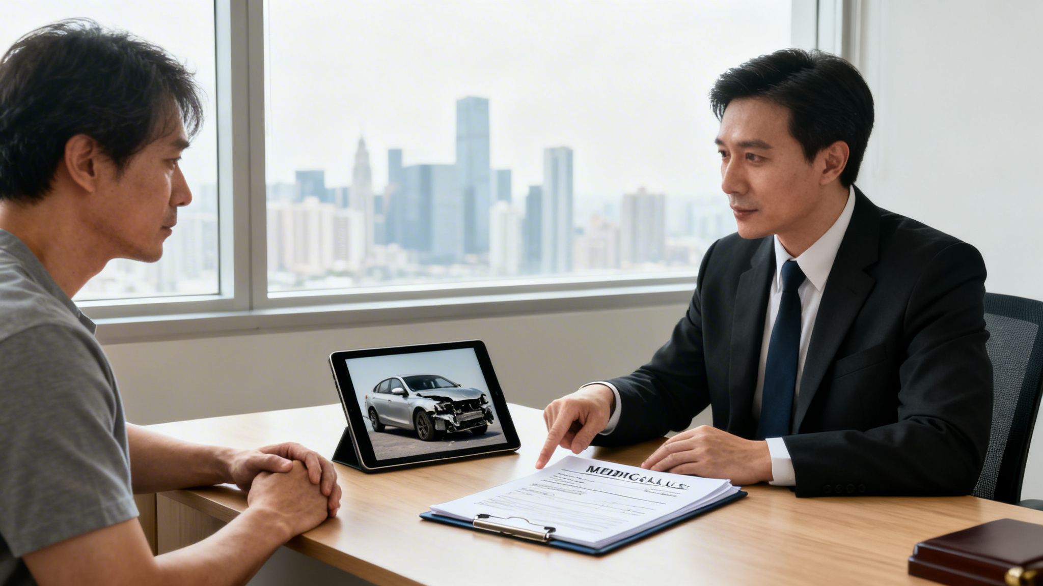 An Asian man in a suit discusses car accident insurance with a client, showing a damaged car on a tablet.