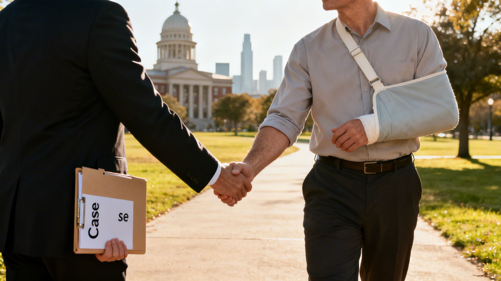 Two men shake hands; one wears a suit and holds a case, the other has an arm sling, suggesting a personal injury settlement.