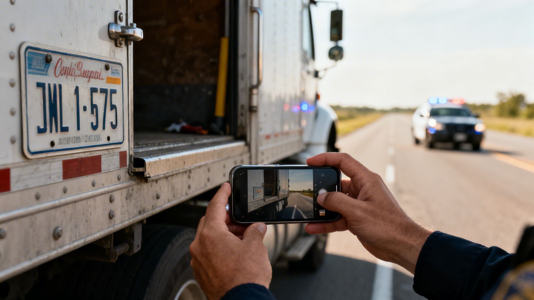 Officer photographs a truck's open rear door and license plate with a smartphone, police car visible.