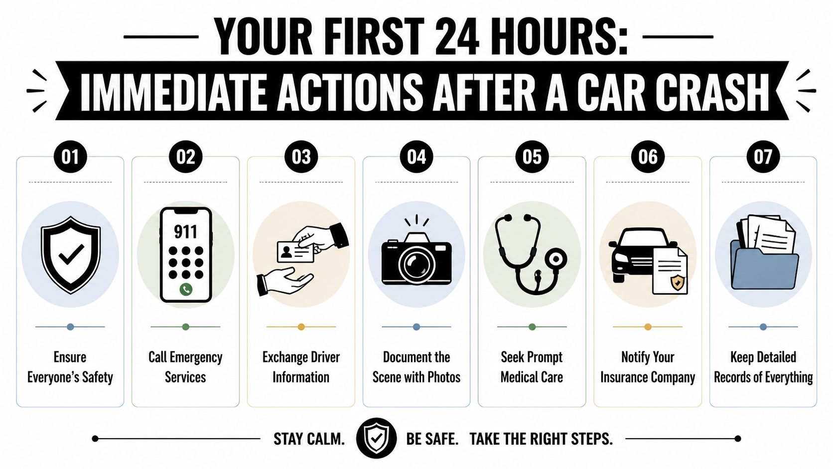 An infographic detailing seven essential steps to take immediately following a car crash for driver safety.