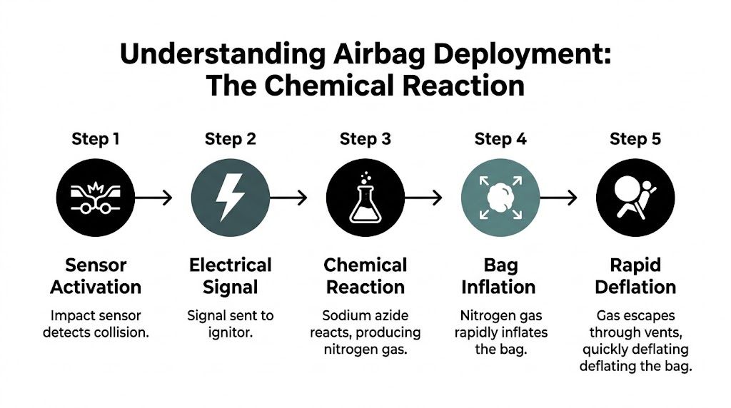 A five-step diagram explaining the chemical reaction process that causes an airbag to deploy during a collision.