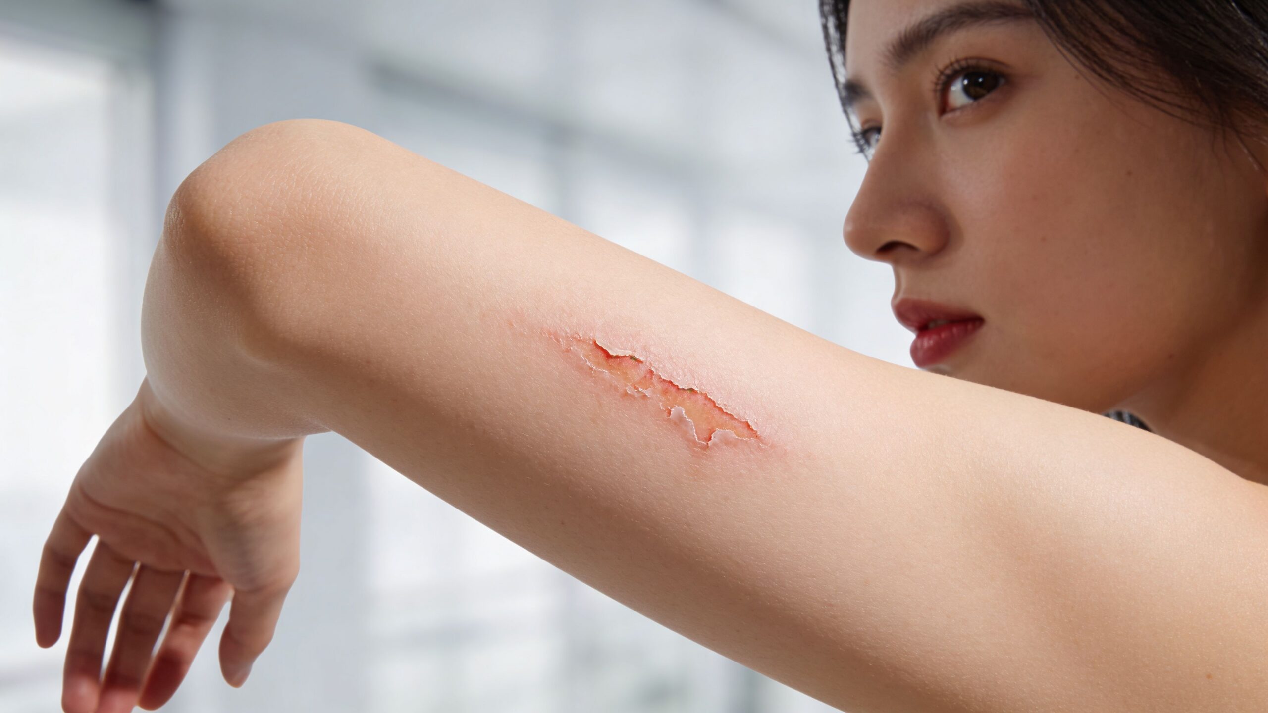 A young woman examining an open skin abrasion or scrape on her upper arm.