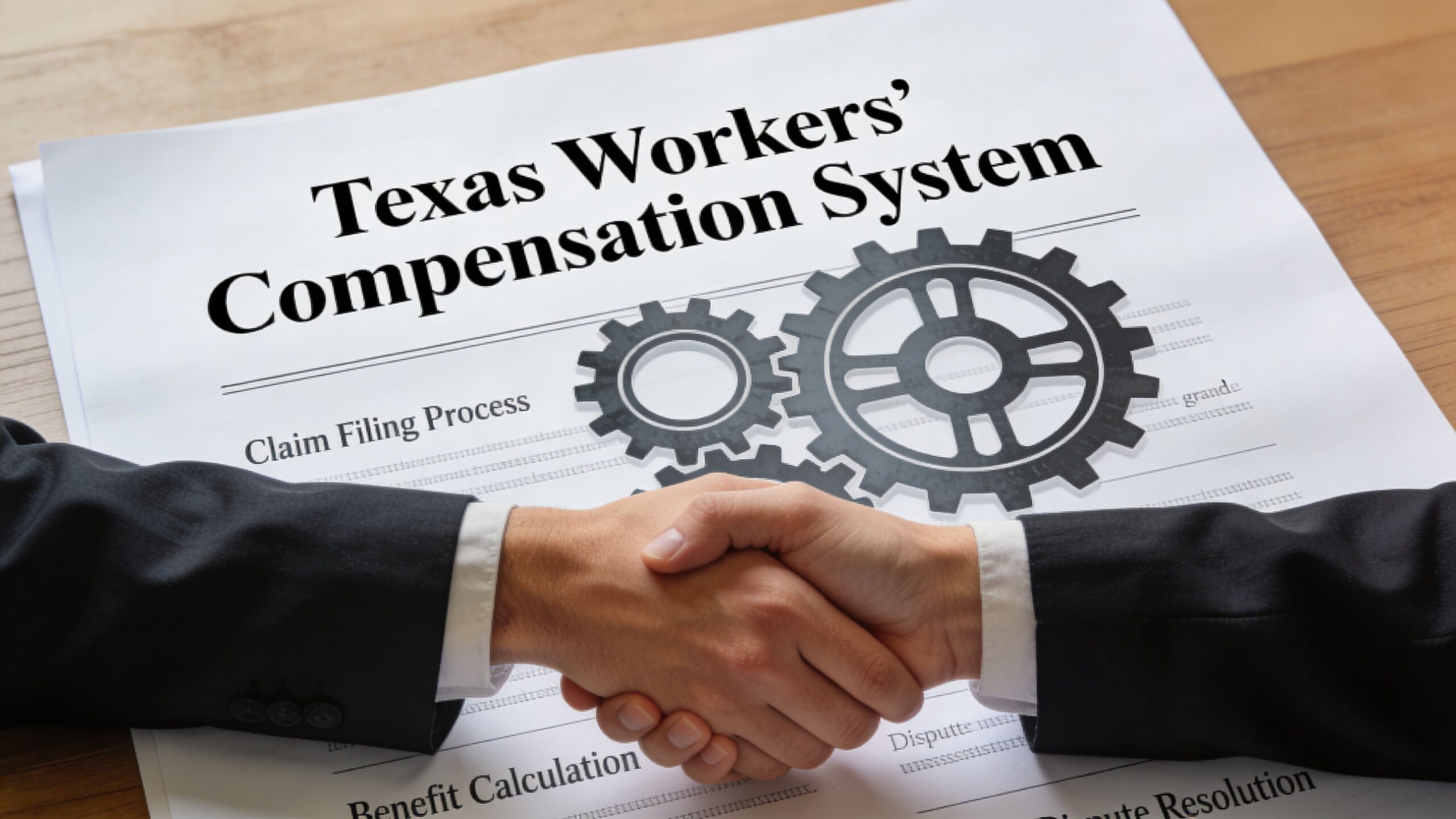 A professional handshake over a document titled Texas Workers' Compensation System with gear icons.
