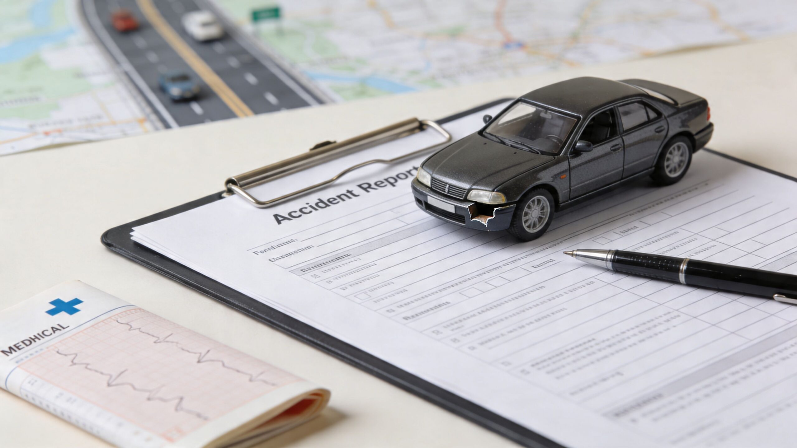 A toy car sits on an accident report form with a pen and medical chart nearby.