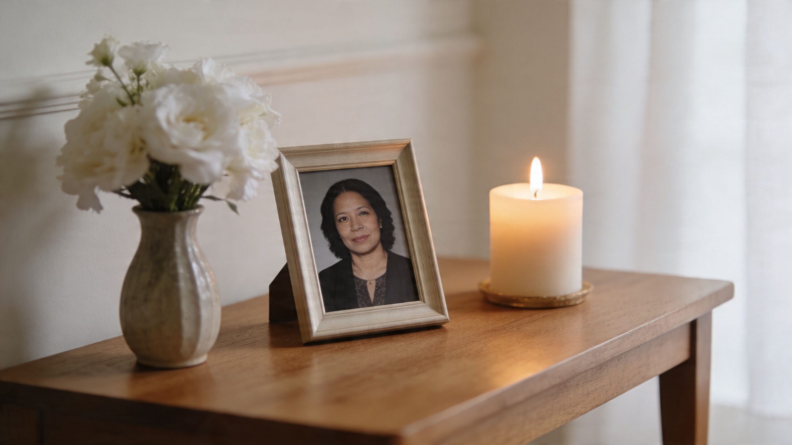 A framed portrait of a woman sits on a wooden table beside a vase of white flowers.