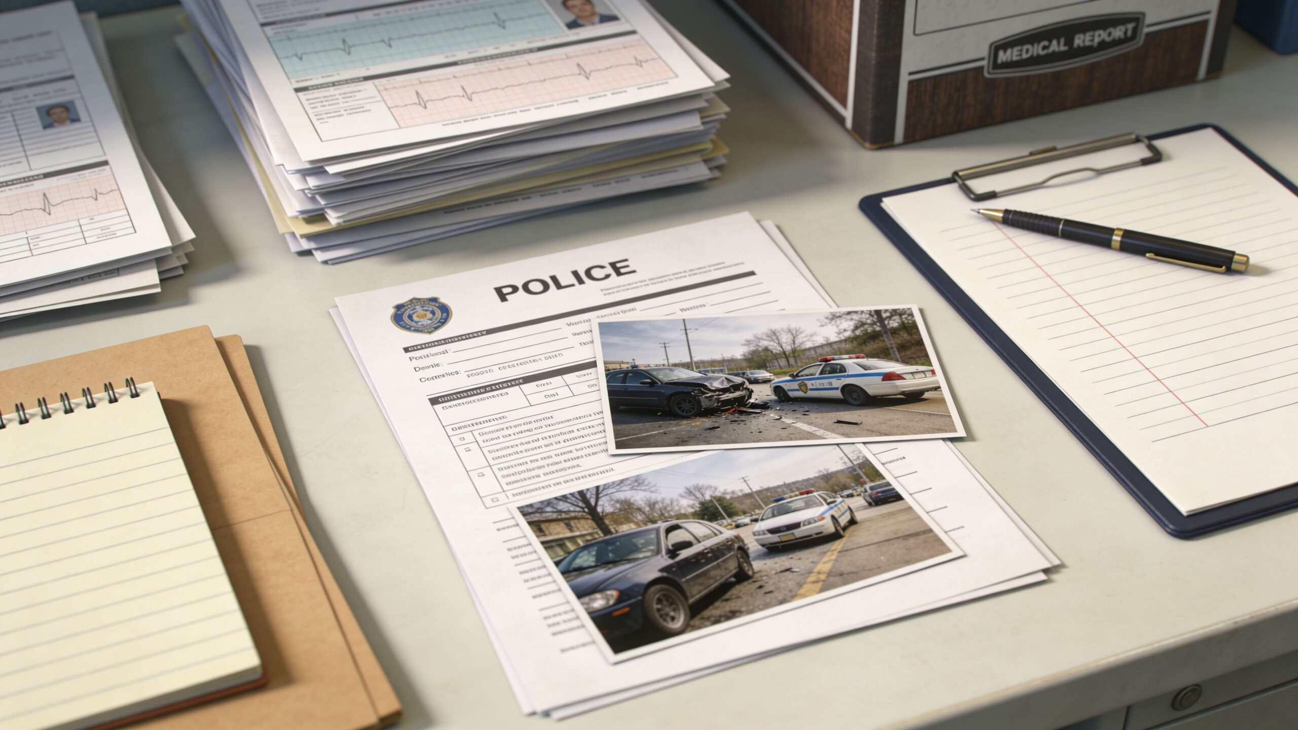 A police report document with accident scene photos, a notebook, and medical reports on a desk.