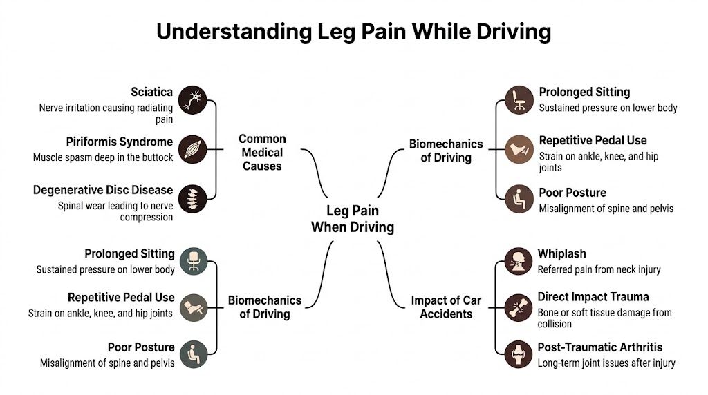 An infographic titled Understanding Leg Pain While Driving, outlining medical, biomechanical, and accident-related causes of pain.