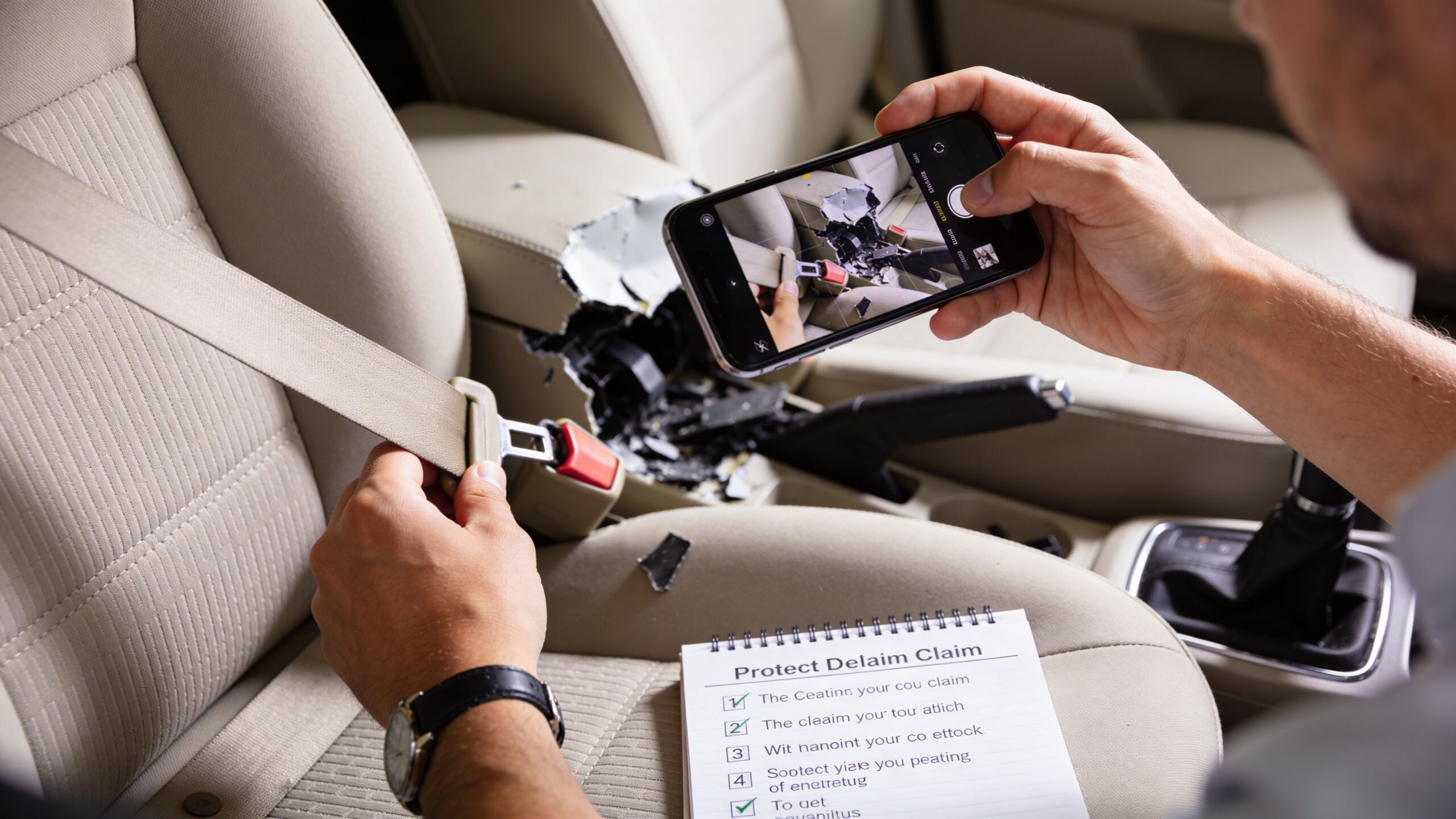 A person using a smartphone to photograph damaged car seat belt pretensioner mechanisms for an insurance claim.