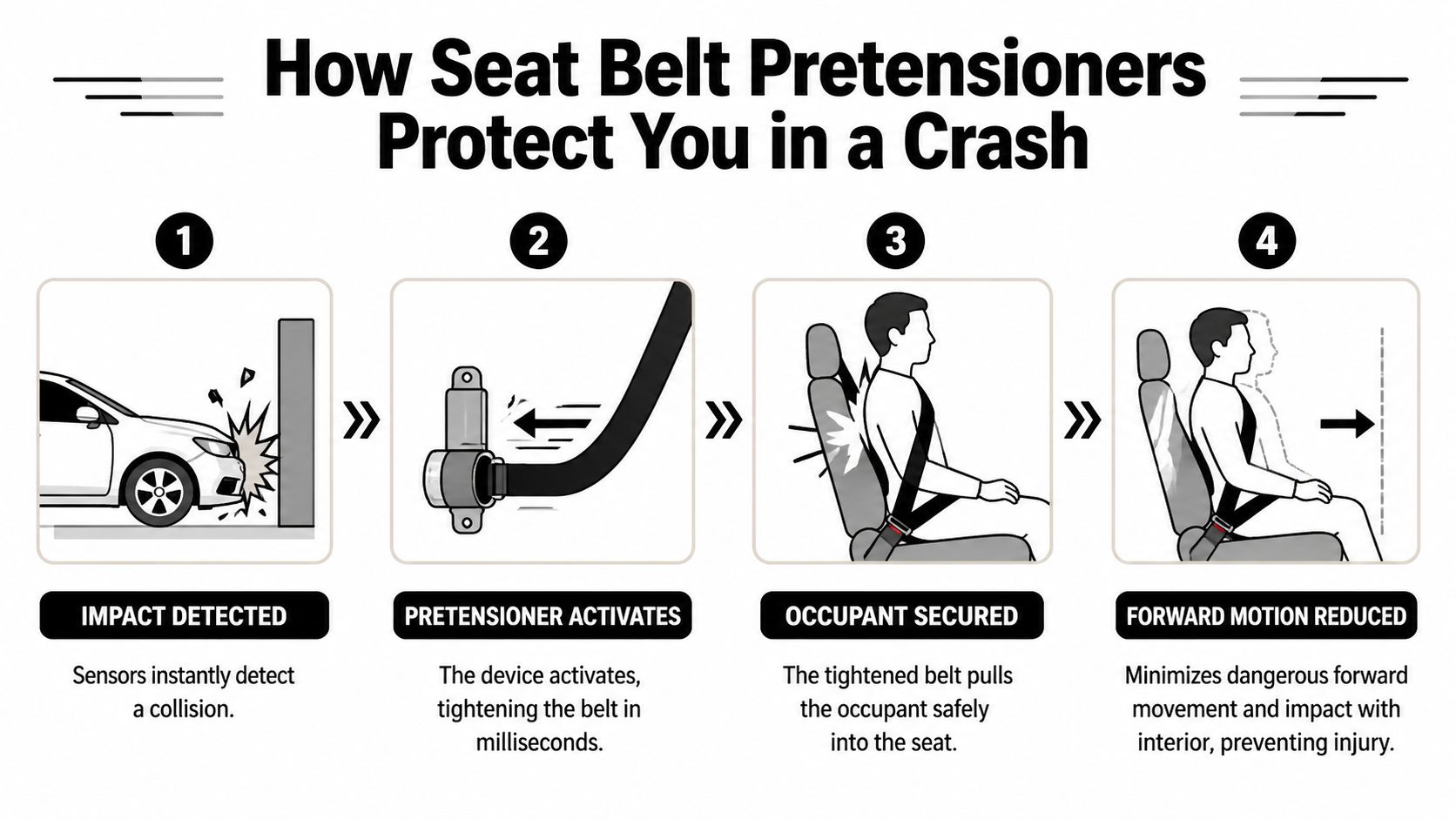 A diagram illustrating how seat belt pretensioners secure an occupant during a car crash to reduce injury.