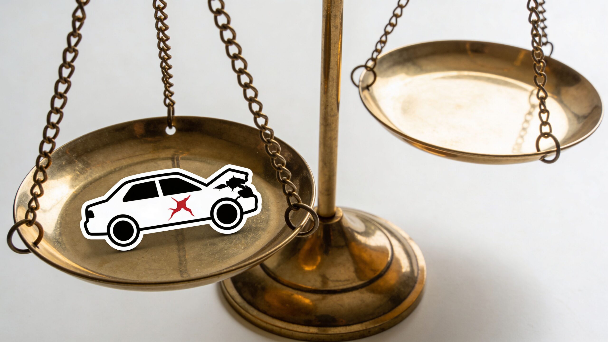 A paper cutout of a damaged car on one side of an old brass weighing scale.