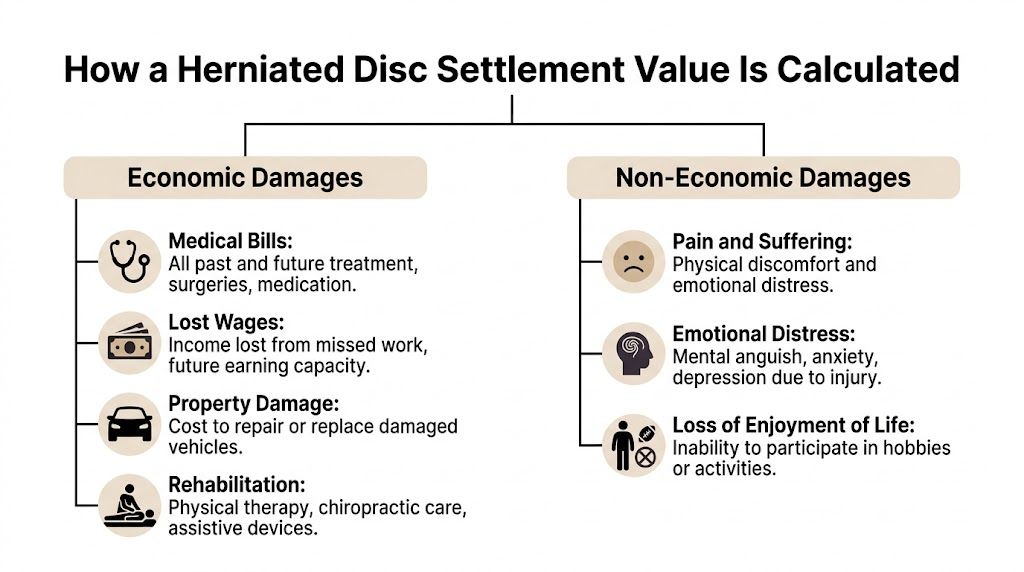A flowchart detailing the two main components of a herniated disc injury settlement: economic and non-economic damages.