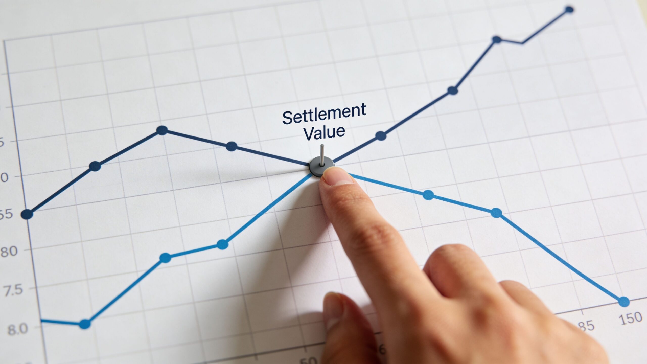A person points to a marked settlement value point where two intersecting lines meet on a graph.