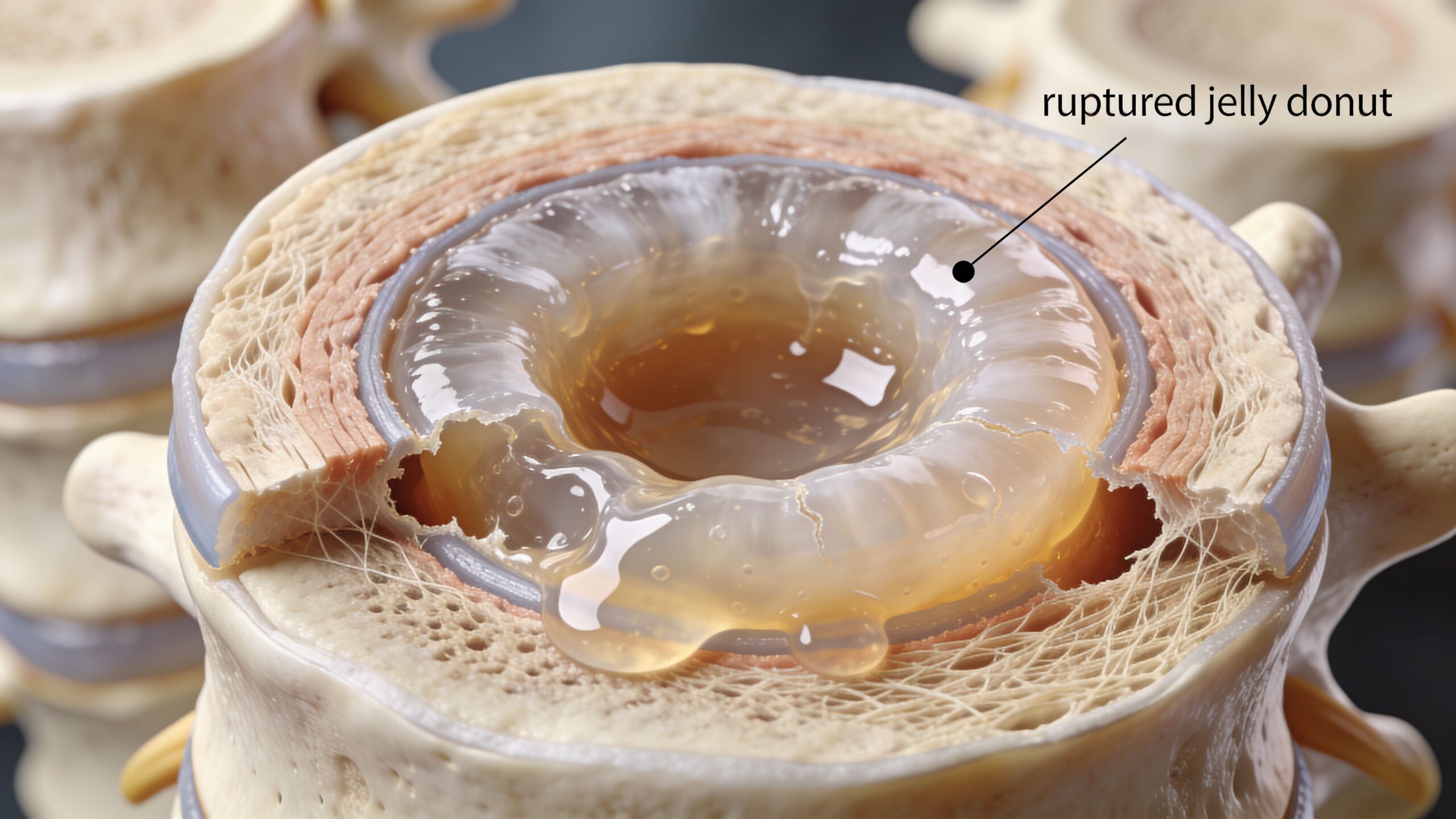 A 3D medical illustration showing a herniated spinal disc resembling a ruptured jelly donut structure.