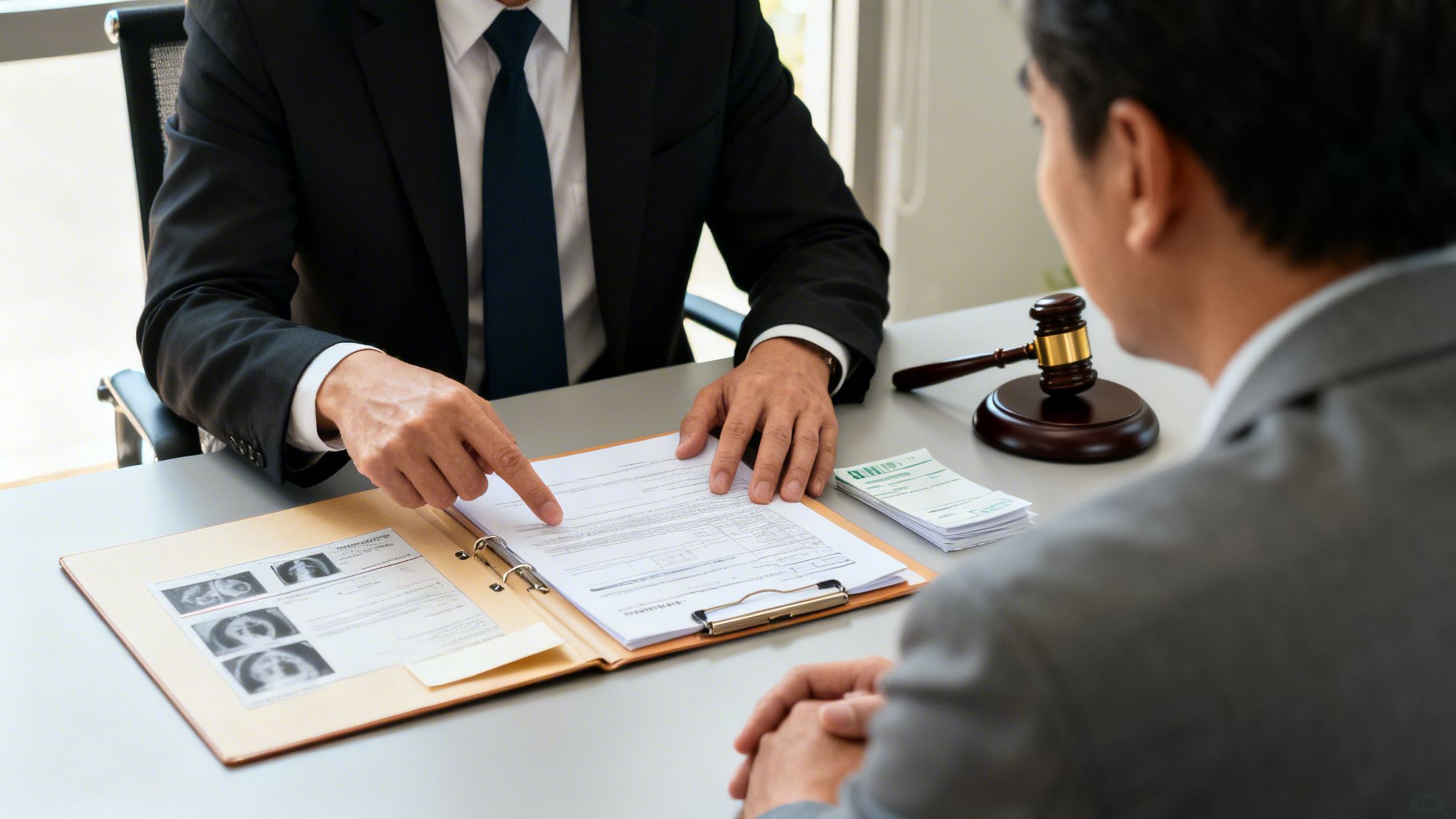 A lawyer in a suit points to documents, explaining legal details to a client.