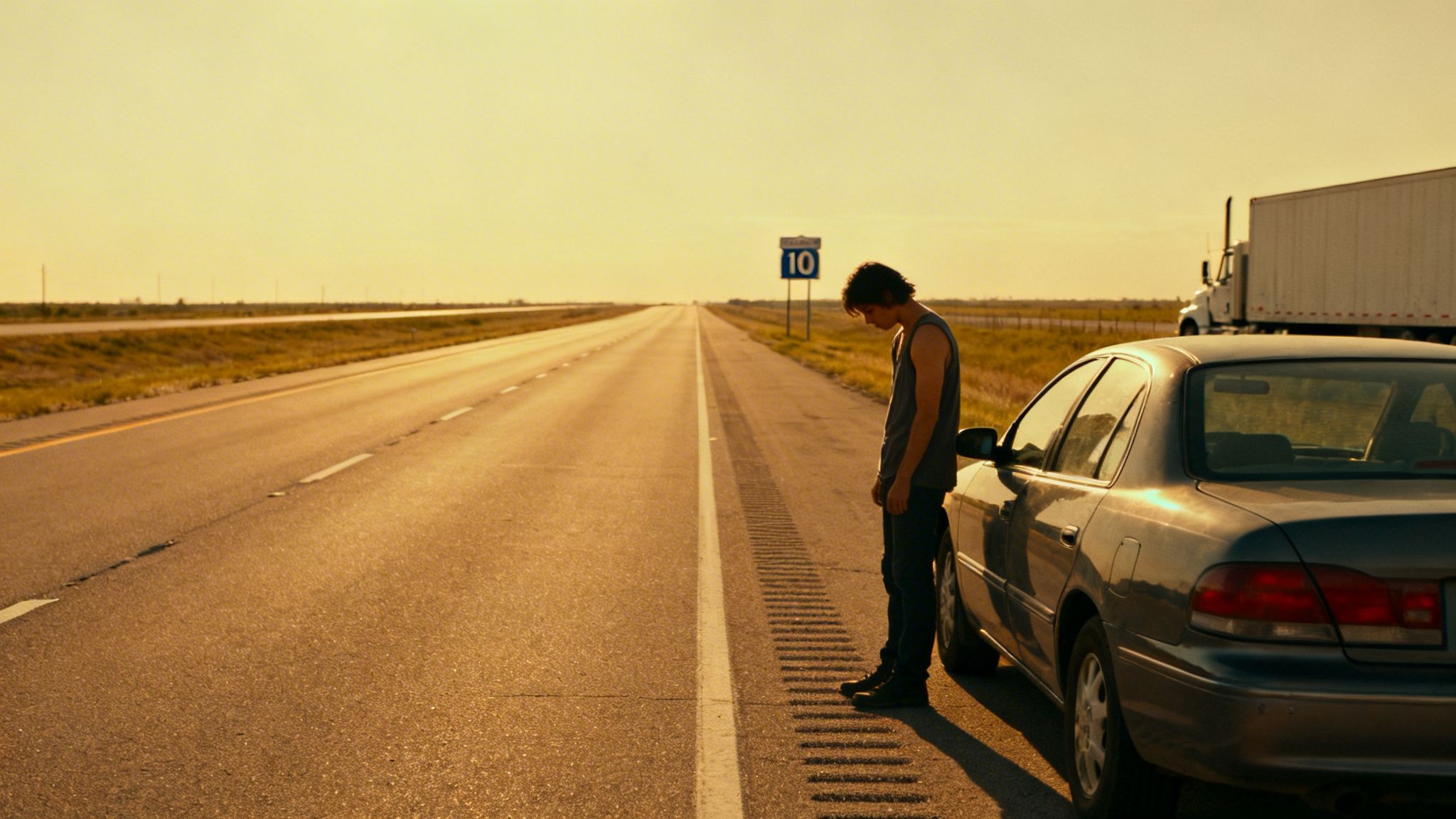 A young man stands beside his car on a long, lonely highway shoulder at sunset, looking down.