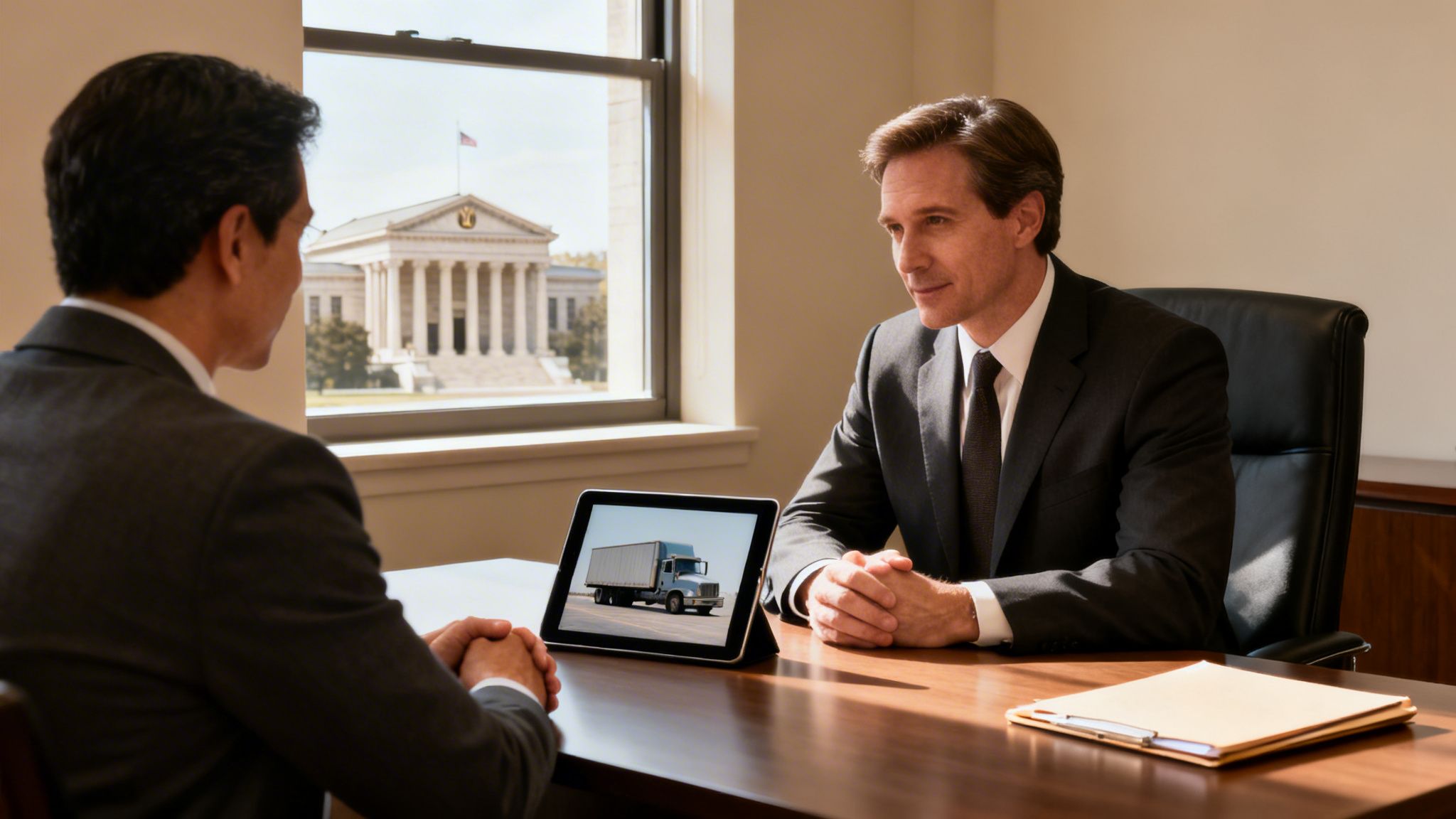 Two businessmen discuss truck accident lawsuit details on a tablet in an office.