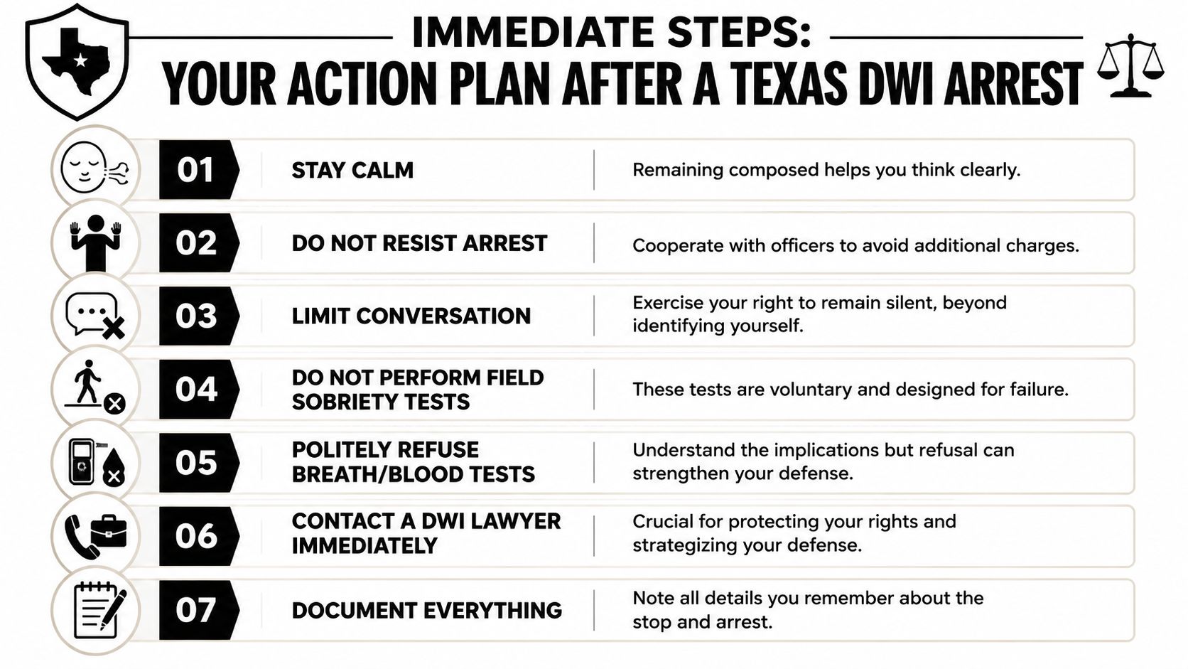 An infographic detailing seven essential steps to take following a DWI arrest in the state of Texas.