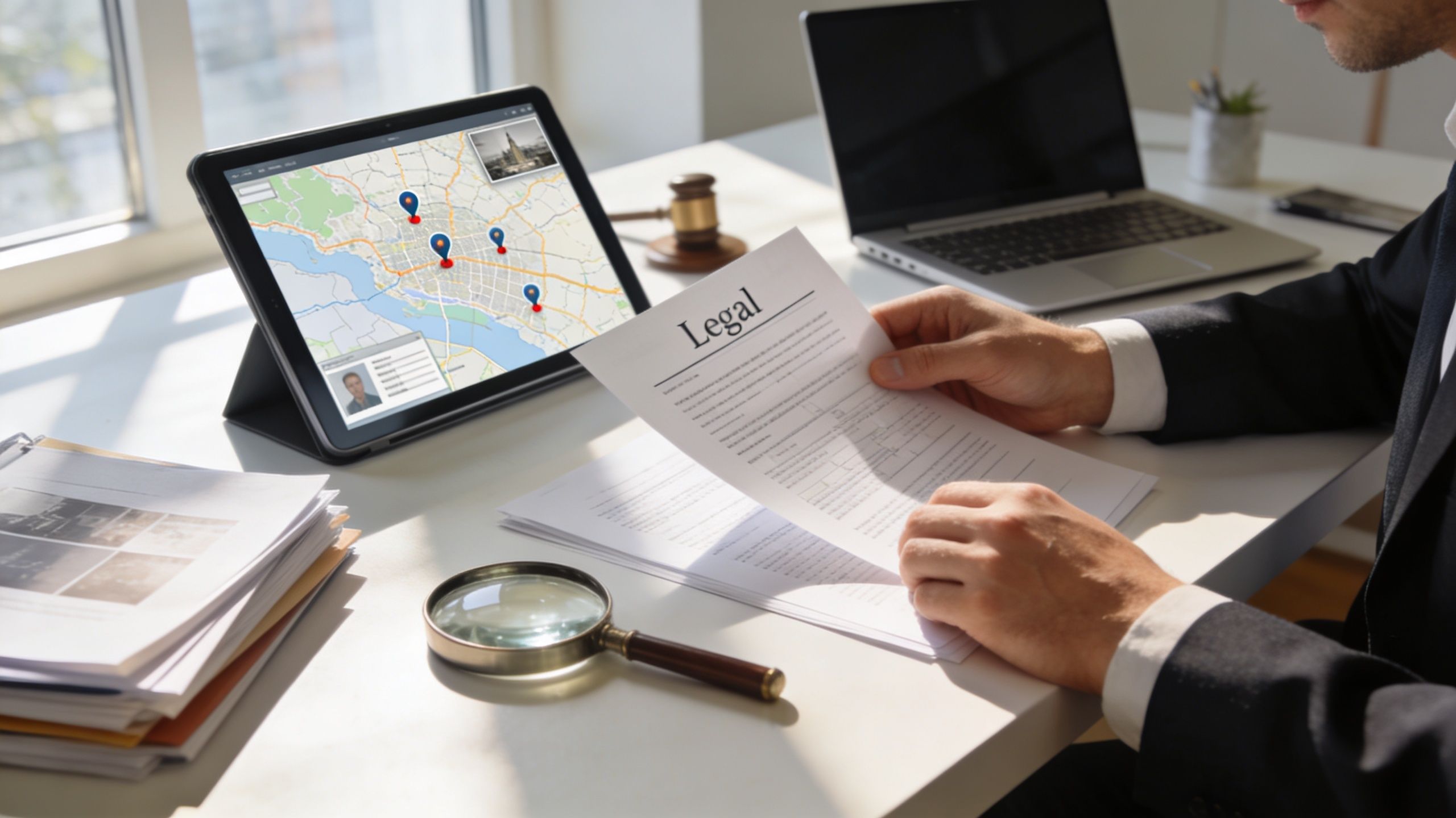 A lawyer reviewing legal documents at a desk with a digital map, laptop, and magnifying glass.