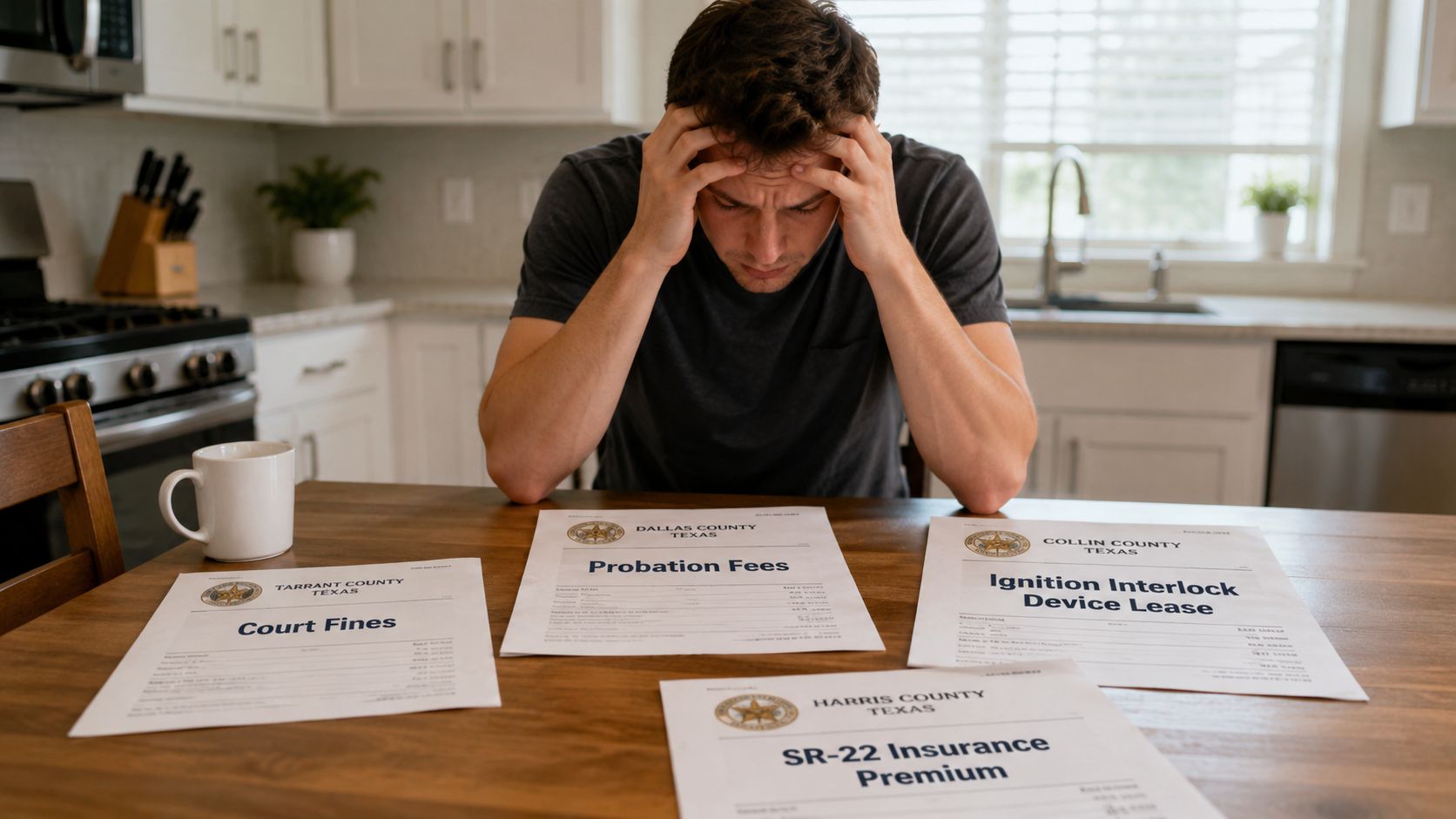 A stressed young man sits at a kitchen table surrounded by various Texas legal court document bills.