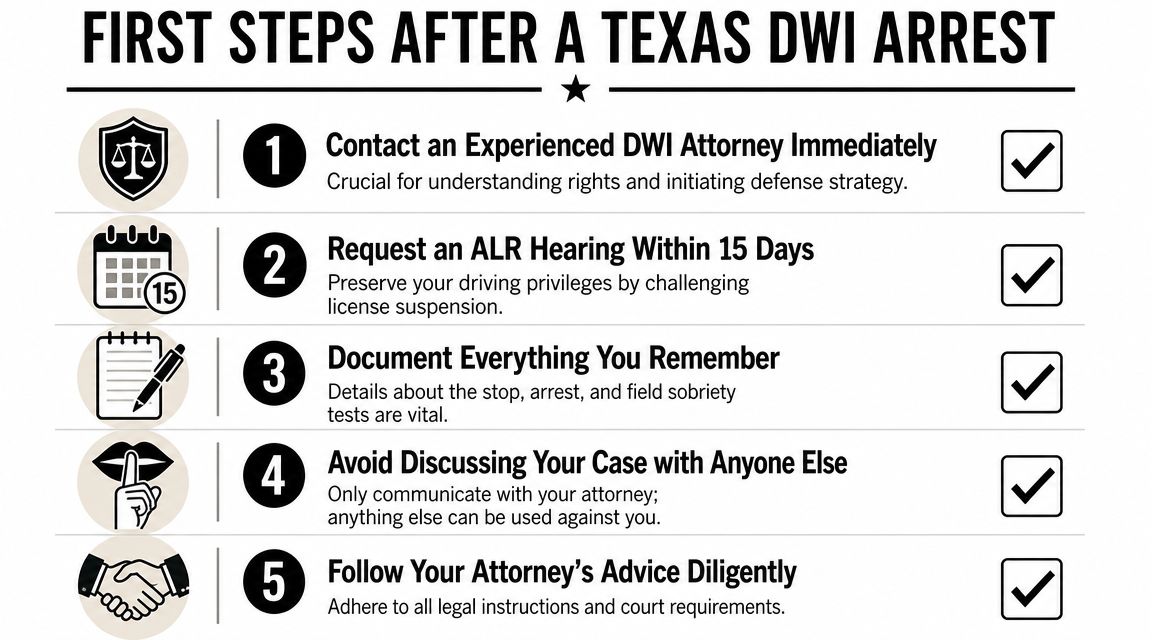 A checklist infographic detailing the five essential steps to take following a DWI arrest in Texas.