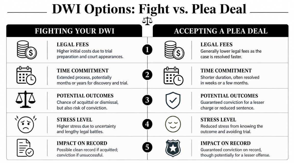 A comparison chart outlining the pros and cons of fighting a DWI charge versus accepting a plea deal.