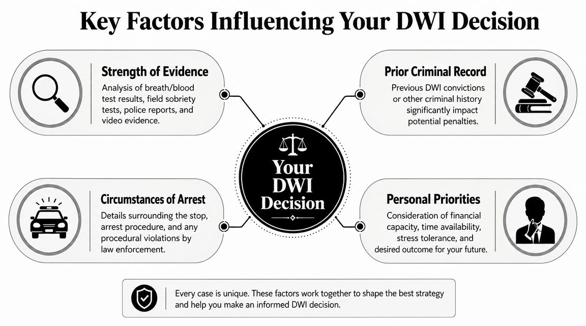 A diagram outlining the four key factors influencing a DWI decision: evidence, criminal record, arrest circumstances, and personal priorities.