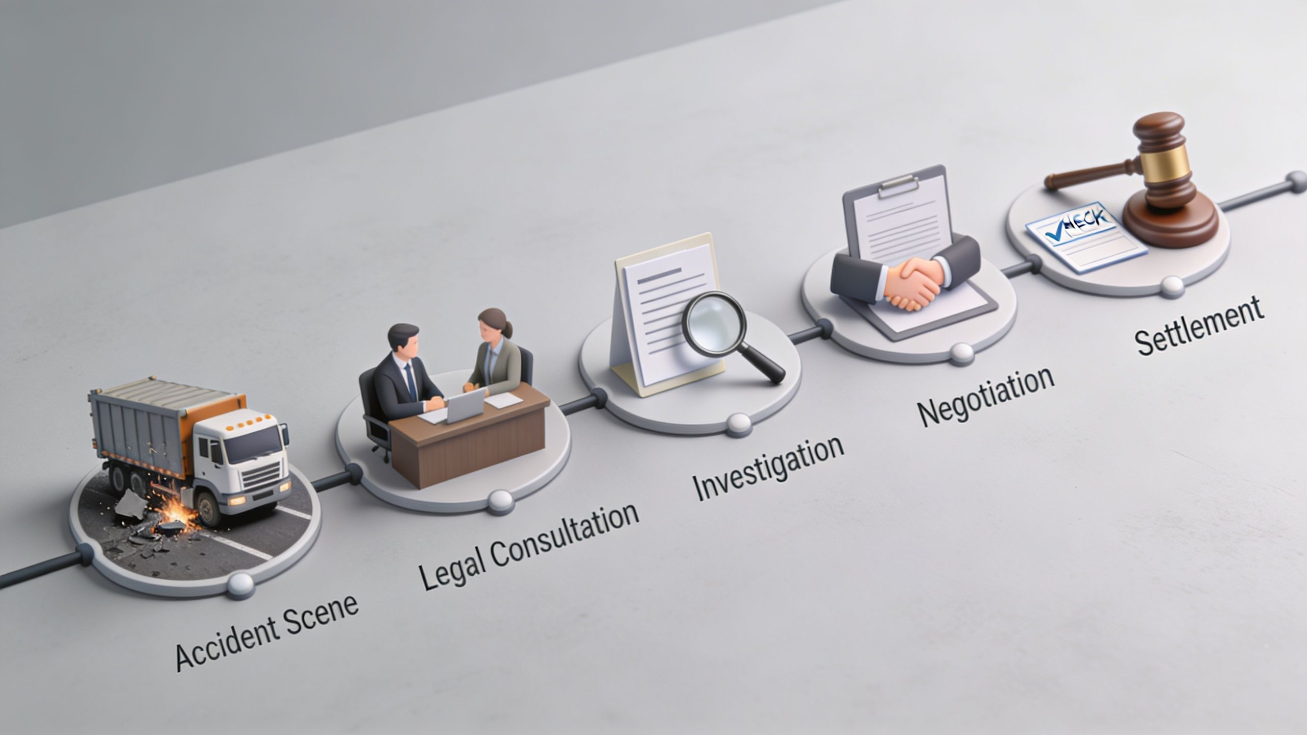 A flowchart showing the legal process for trucking accident settlements, from the scene to final resolution.