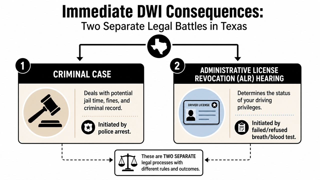 An infographic showing the two separate legal processes for a DWI charge in Texas: criminal case and license revocation.