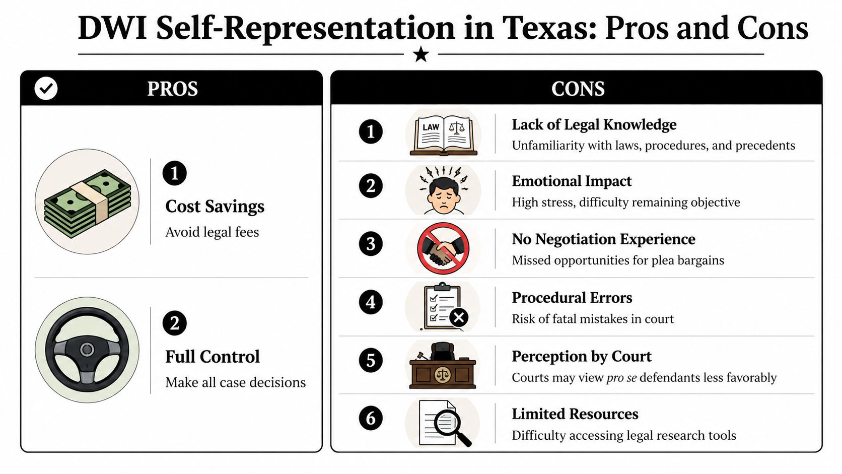 An infographic titled DWI Self-Representation in Texas showing a comparison list of pros and cons.