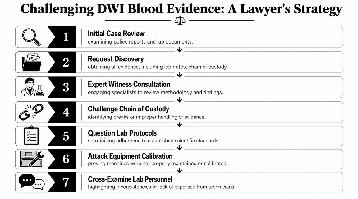 A step-by-step infographic titled Challenging DWI Blood Evidence outlining a lawyer's seven-part strategic defense process.