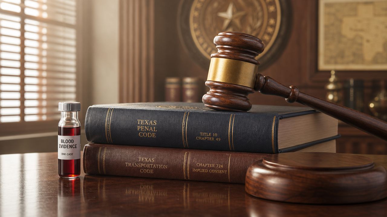 A judge's wooden gavel rests on top of Texas legal code books next to a blood evidence vial.