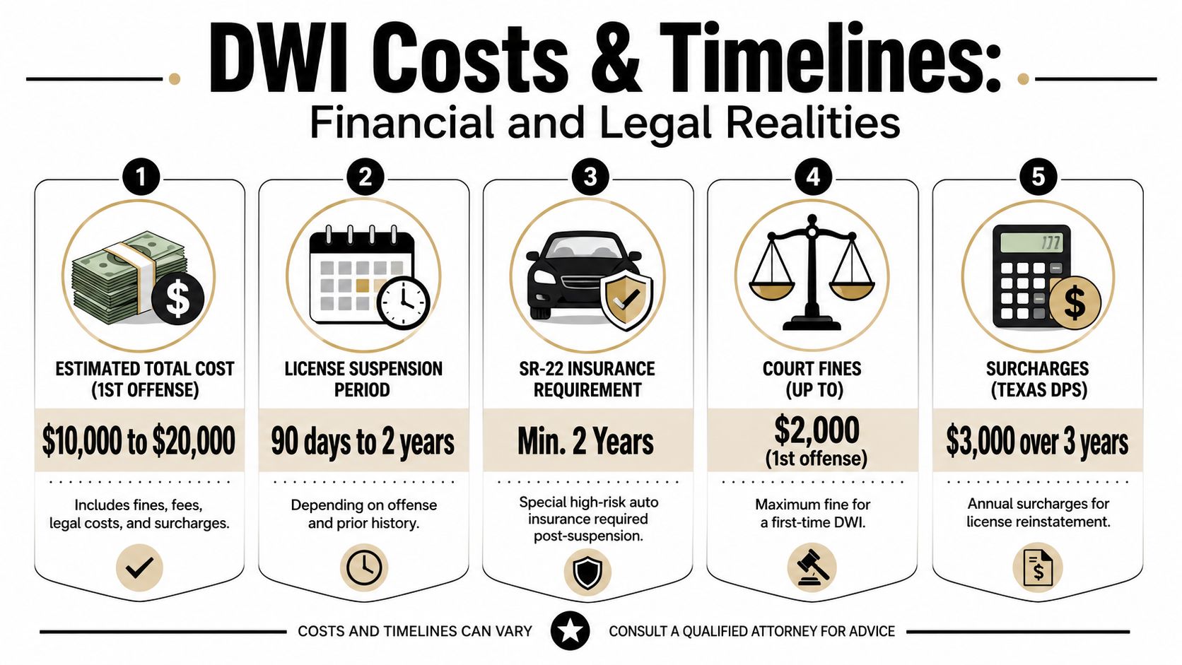 An infographic detailing the various financial costs and license suspension timelines associated with a first-time DWI offense.
