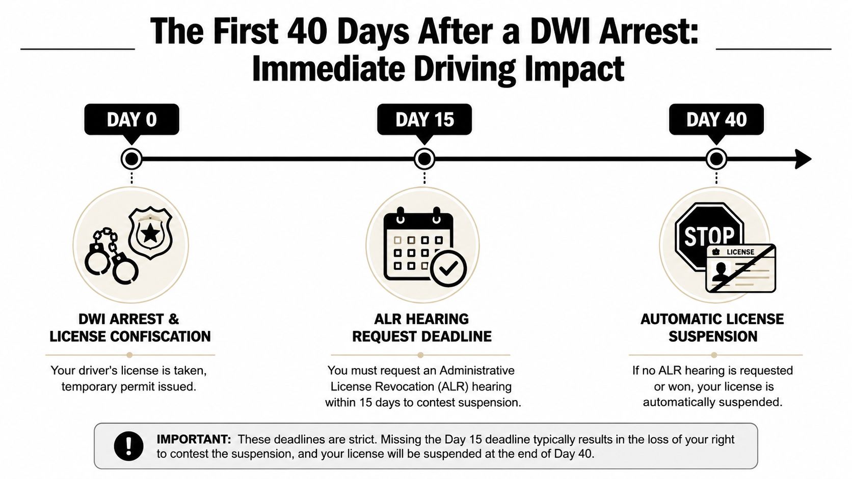 A timeline graphic showing the first 40 days after a DWI arrest, highlighting license suspension and hearing deadlines.