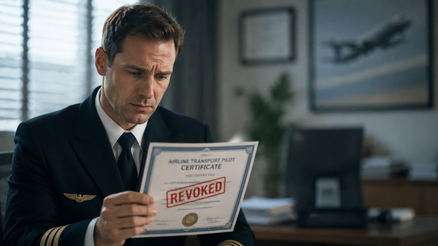 A concerned pilot in uniform looking at an airline transport pilot certificate stamped with revoked status.