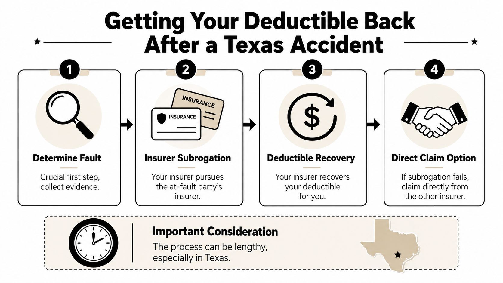 An infographic illustrating the four-step process for recovering insurance deductibles after a car accident in Texas.