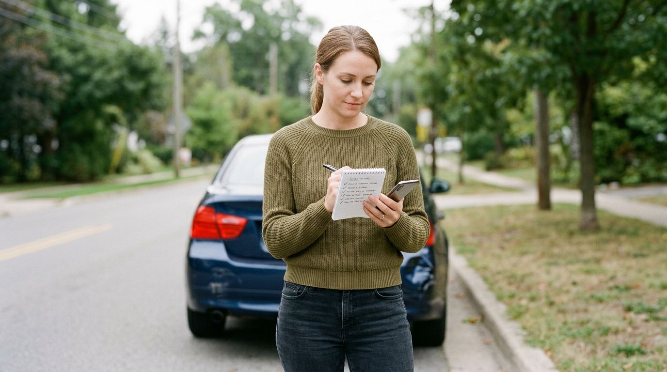 A woman stands in front of a blue car, checking notes in a notebook while holding her phone.