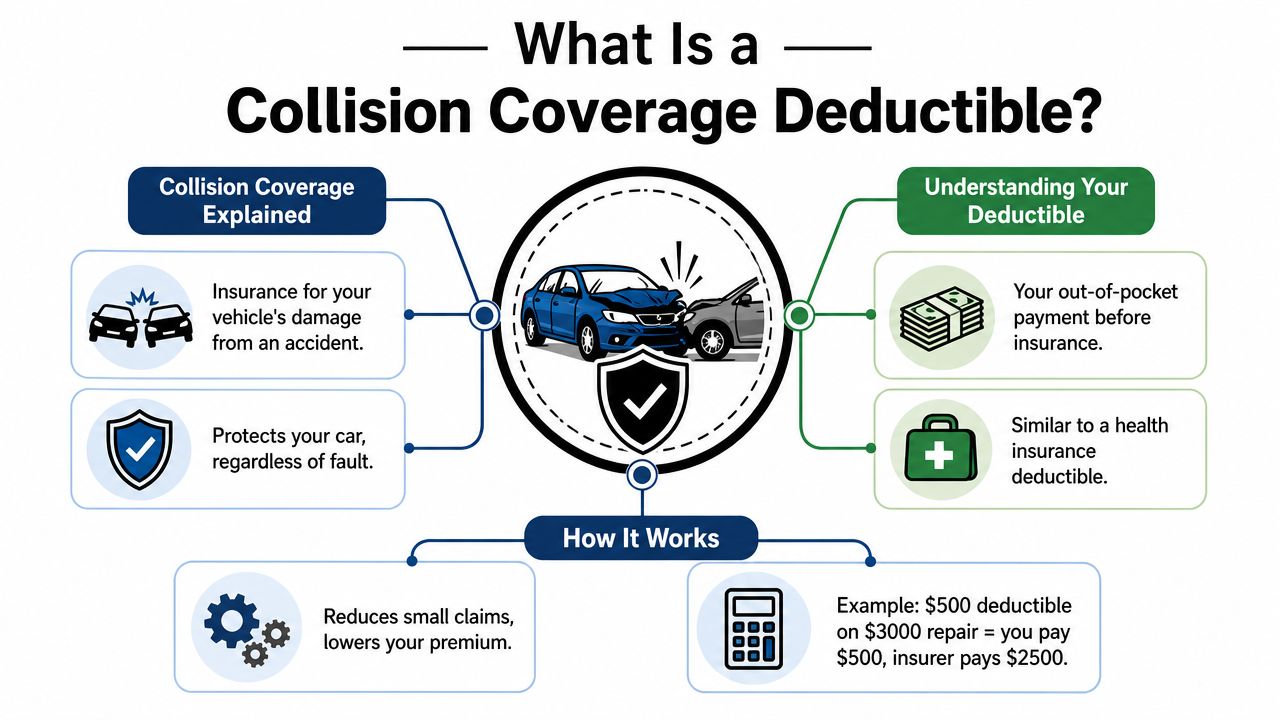 An infographic explaining car insurance collision coverage, deductibles, how they function, and real-world calculation examples.