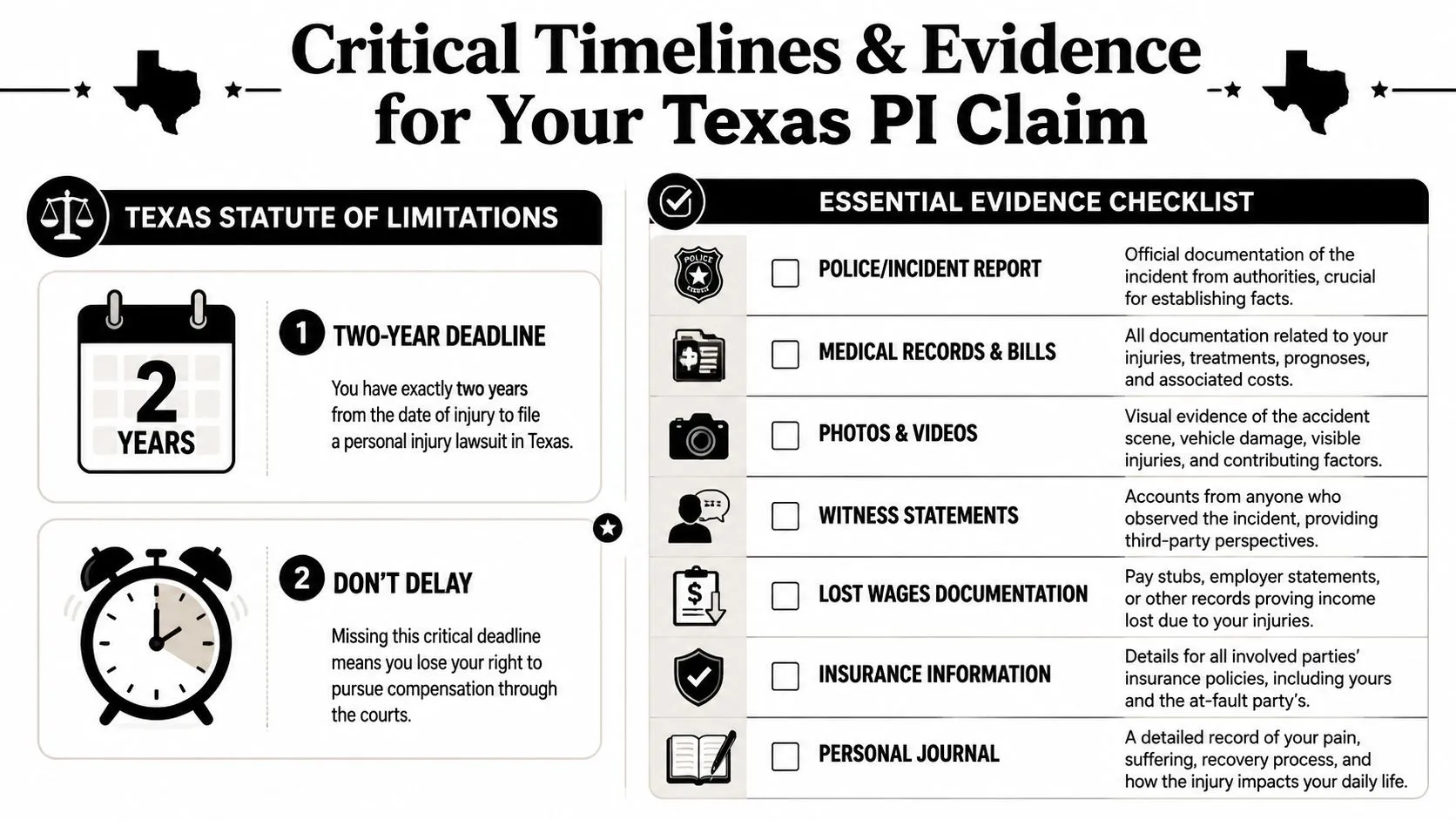 An infographic detailing the two-year Texas personal injury statute of limitations and an essential evidence checklist.