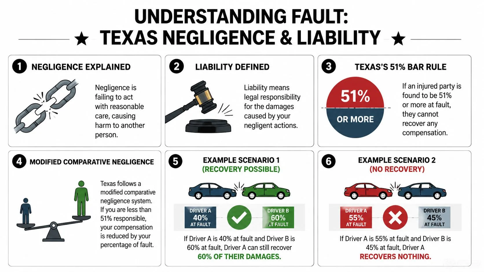 An infographic explaining Texas negligence and liability laws, specifically the 51 percent bar rule for compensation.