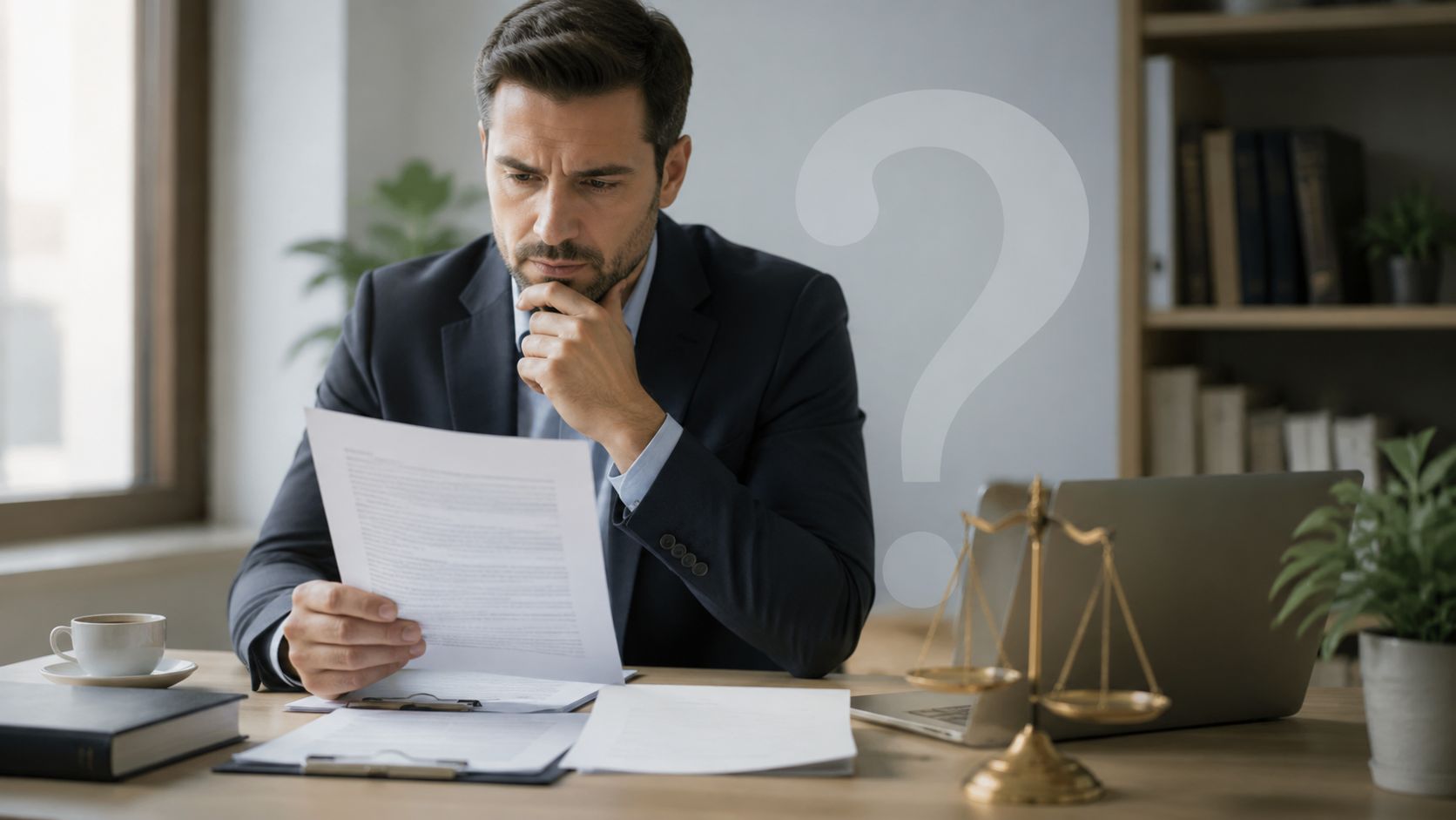 A professional man in a business suit reviewing legal documents at his desk with a law scale.